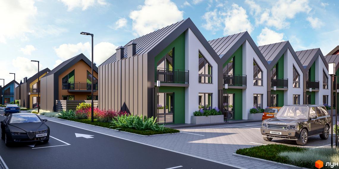 Таунхауси Freya з зеленими та білими фасадами, розташовані вздовж дороги з припаркованими автомобілями та зеленню.