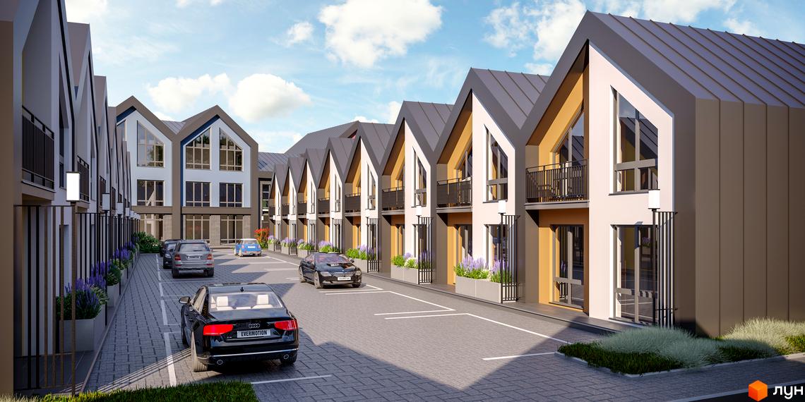 Таунхауси Freya: ряд будинків з гострими дахами та світлими фасадами. Перед ними брукована вулиця з парковкою та квітами.