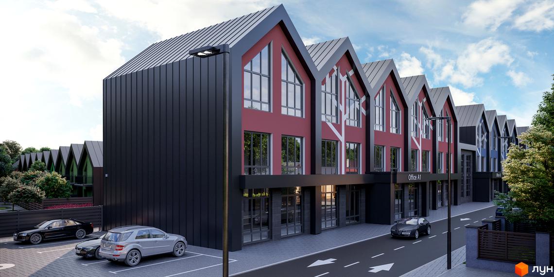 Таунхауси Freya з червоними та сірими фасадами, великими вікнами та похилими дахами, розташовані вздовж дороги з паркуванням та деревами.
