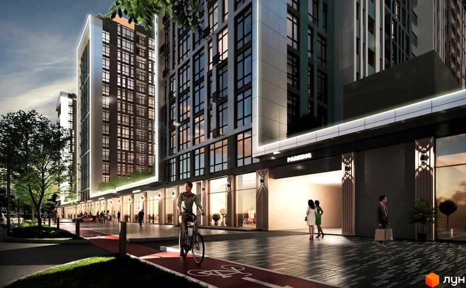Зовнішній вигляд новобудови ЖК Феофанія City з фасадами з вікон та прибудинковою територією з велодоріжкою та людьми.