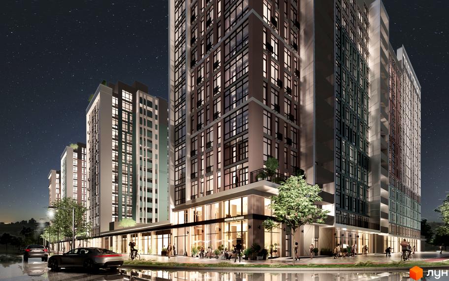 Нічна панорама житлового комплексу Феофанія City з високими будинками та освітленими вікнами. Біля комплексу розташовані автомобілі та пішохідні доріжки.