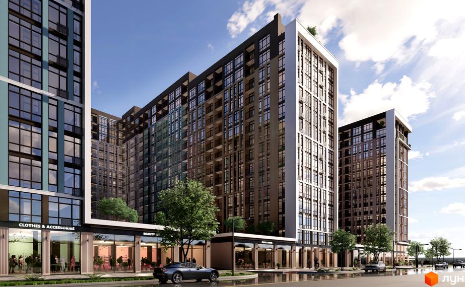 Високоповерховий будинок ЖК Феофанія City з панорамними вікнами та комерційними приміщеннями на першому поверсі. На прибудинковій території висаджені дерева та є парковка.