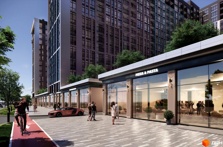 Житловий комплекс Феофанія City з магазинами на першому поверсі. На території комплексу є велодоріжка та місця для відпочинку.