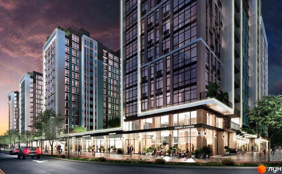 Високоповерховий будинок ЖК Феофанія City з панорамними вікнами та комерційними приміщеннями на першому поверсі. На прибудинковій території розташовані тротуари та зелені насадження.