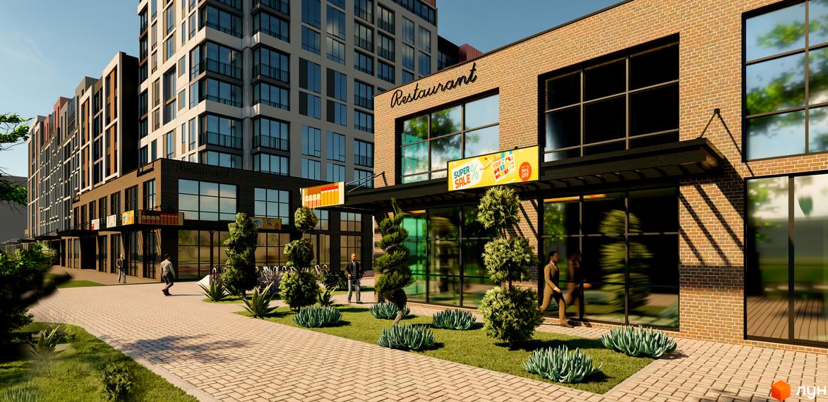 Зовнішній вигляд новобудови ЖК Wellspring 2 з цегляним фасадом та великими вікнами. На прибудинковій території розташовані зелені насадження та доріжки.