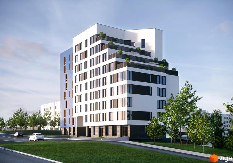 Житловий комплекс Сонячна Тераса - це багатоповерхова новобудова з терасами та зеленню на даху, розташована біля дороги з автомобілями та зеленими насадженнями.