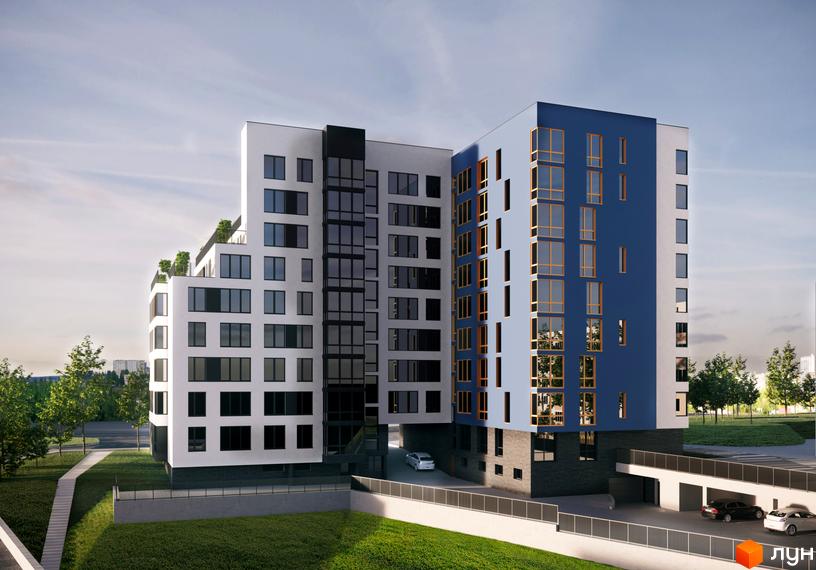 Зовнішній вигляд житлового комплексу Сонячна Тераса з білими та синіми фасадами, великими вікнами та прибудинковою територією з зеленими насадженнями та парковкою.