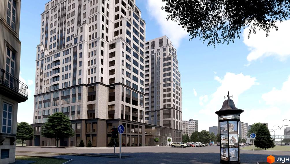 Високі будинки ЖК Twenty two з великими вікнами, світлими фасадами та комерційними приміщеннями на перших поверхах. Навколо будинку облаштована прибудинкова територія з деревами та парковкою.