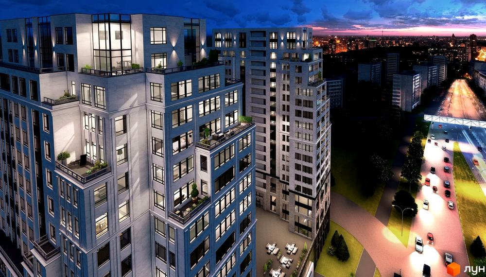 Високоповерховий будинок ЖК Twenty two з панорамними вікнами, терасами та освітленням. На прибудинковій території столики, зелені насадження та підсвічування.