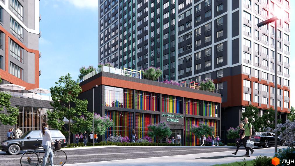 Житловий комплекс GENESIS з яскравим дитячим центром. На території комплексу є зелені насадження та місця для відпочинку.