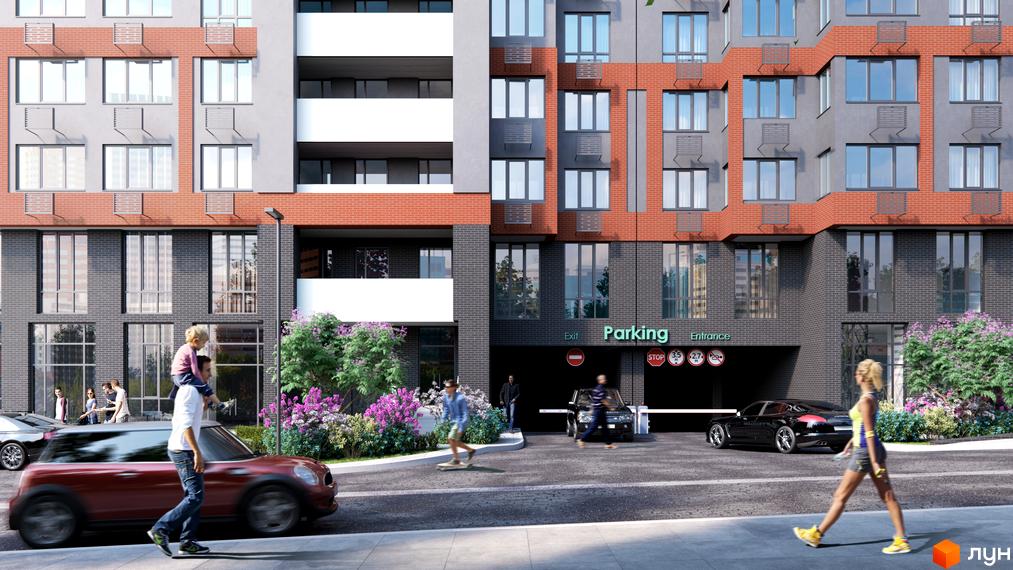 Новобудова GENESIS з паркінгом, фасадом з цегли та великими вікнами. На прибудинковій території зелені насадження, тротуар та автомобілі.