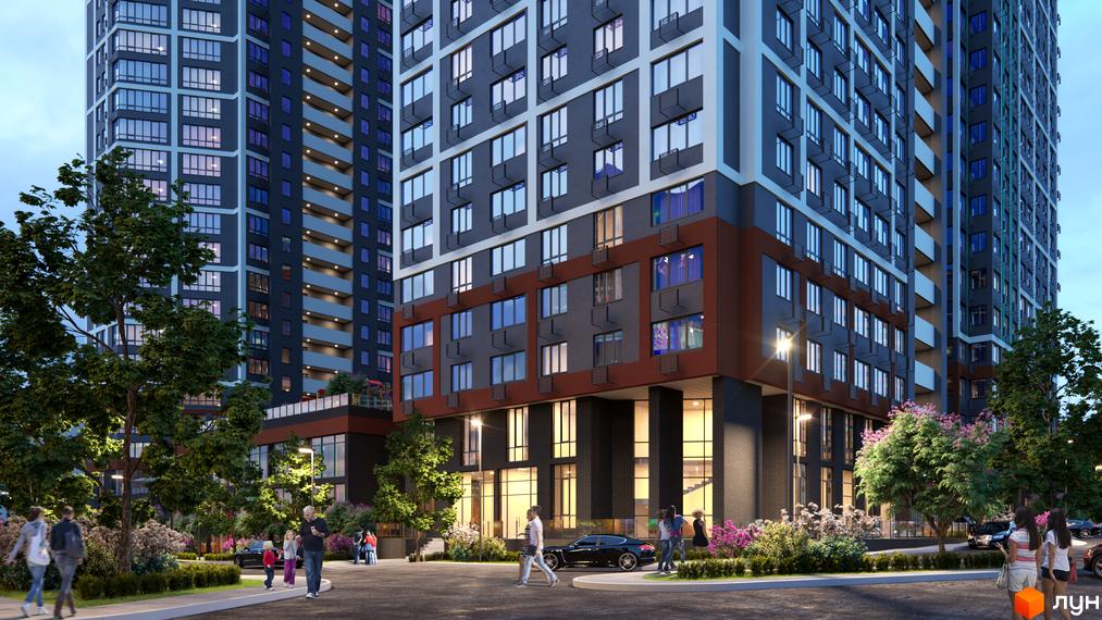 Житловий комплекс GENESIS. Висотна будівля з великою кількістю вікон. На території комплексу є зелені насадження та місця для відпочинку.