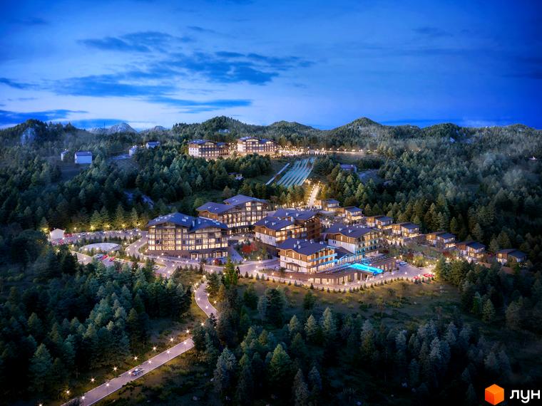 Комплекс Apartel Skhidnytsya з дерев'яними фасадами та панорамними вікнами, розташований серед лісу біля гір. На території комплексу є басейн, паркінг та освітлені дороги.