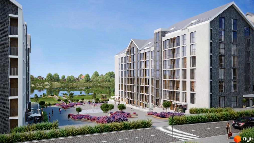 Житловий комплекс Гостомель Residence з багатоповерховими будинками з темної цегли та світлими фасадами. На прибудинковій території розташовані пішохідна зона, фонтани та квіткові клумби біля озера.