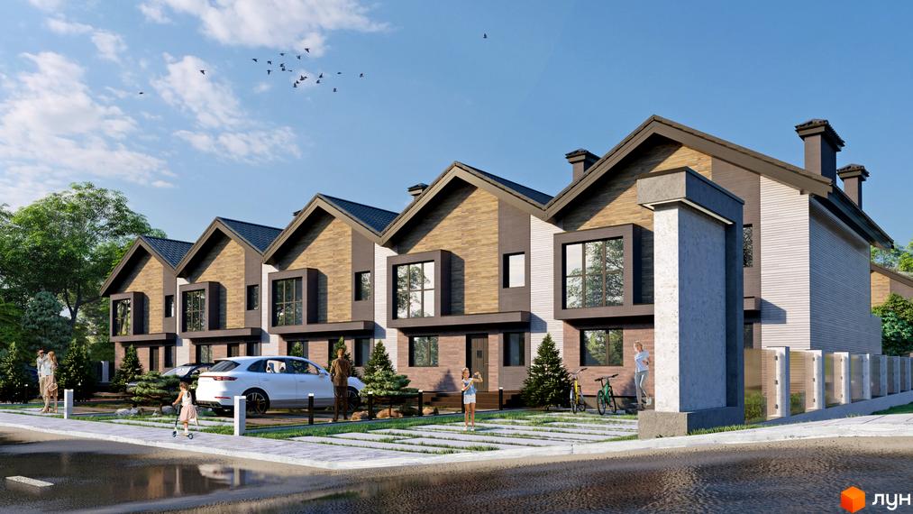 Таунхауси Grand Chalet з фасадами з дерева та цегли, з великими вікнами та доглянутою прибудинковою територією з зеленими насадженнями.