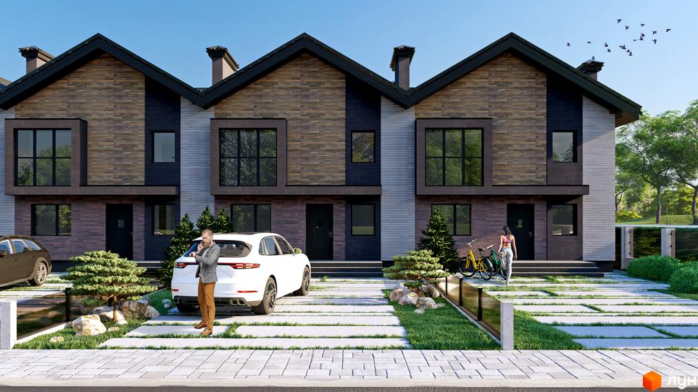 Таунхауси Grand Chalet: триповерхові будинки з комбінованим фасадом та великими вікнами, оточені доглянутою прибудинковою територією.