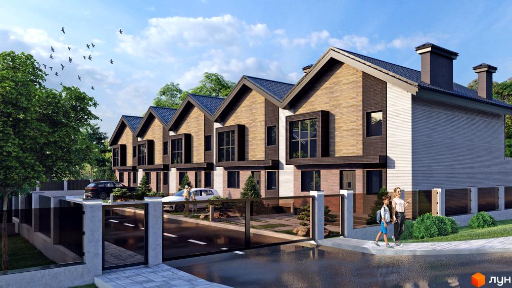 Ряд таунхаусів Grand Chalet з темними дахами та комбінованими фасадами. Перед будинками дорога, зелені насадження та огороджена територія.