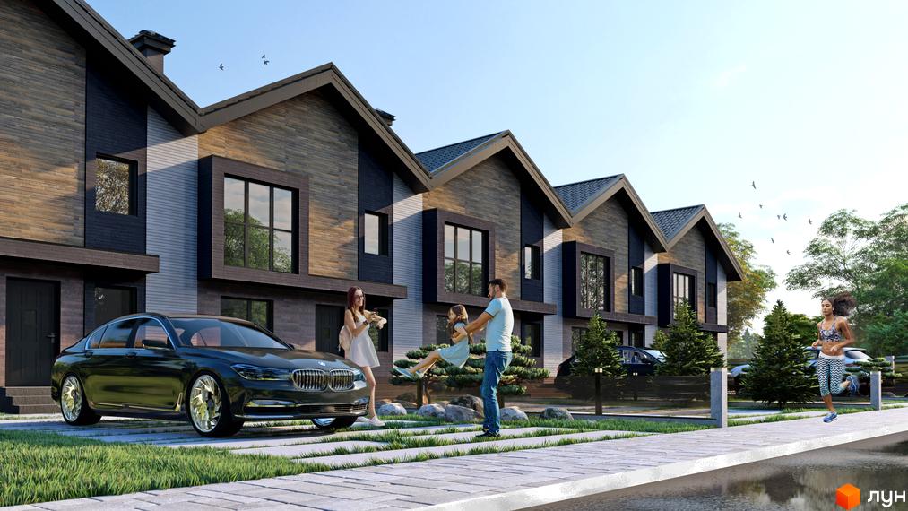 Таунхауси Grand Chalet: ряд будинків з темними дахами та світлим облицюванням. На прибудинковій території зелені насадження, доріжки та водойма.