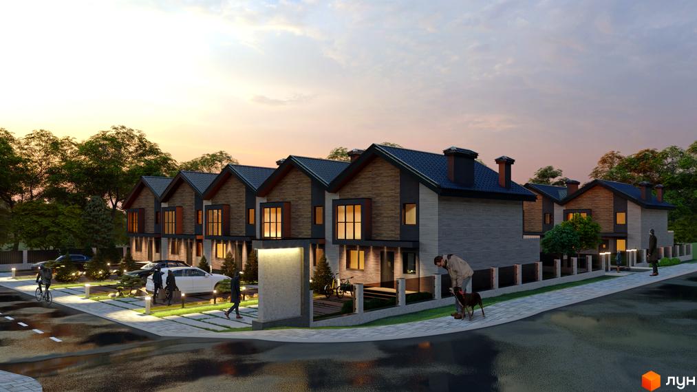 Таунхауси Grand Chalet з темними дахами та дерев'яним оздобленням фасадів. Прибудинкова територія освітлена, з доріжками, зеленими насадженнями та автомобілями.