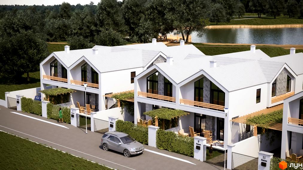 Сучасні таунхауси на вул. Бикова з індивідуальними ділянками та паркуванням. Зелена прибудинкова територія з відпочинковою зоною біля озера.