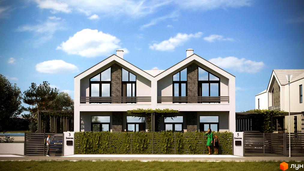 Сучасний двоповерховий будинок з великими вікнами та балконом на вулиці Бикова. Навколо будинку зелений паркан та доглянута територія.