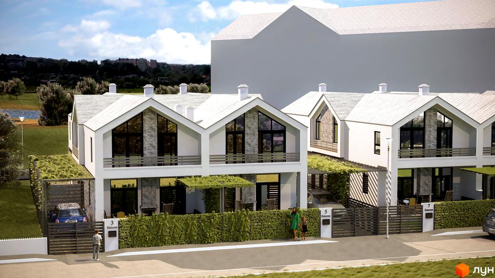 Ряд білих двоповерхових будинків з гострими дахами та великими вікнами на вулиці Бикова. Перед будинками зелені огорожі, дорога та прибудинкова територія.