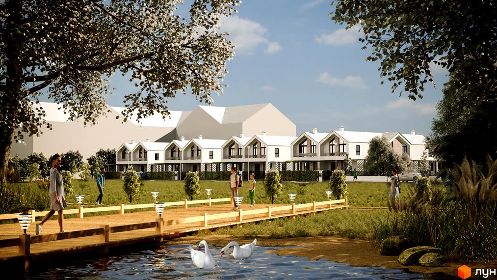 Зовнішній вигляд білих будинків з двосхилими дахами та балконами на вулиці Бикова. Навколо будинків зелена територія з деревами, водоймою та пішохідним містком.