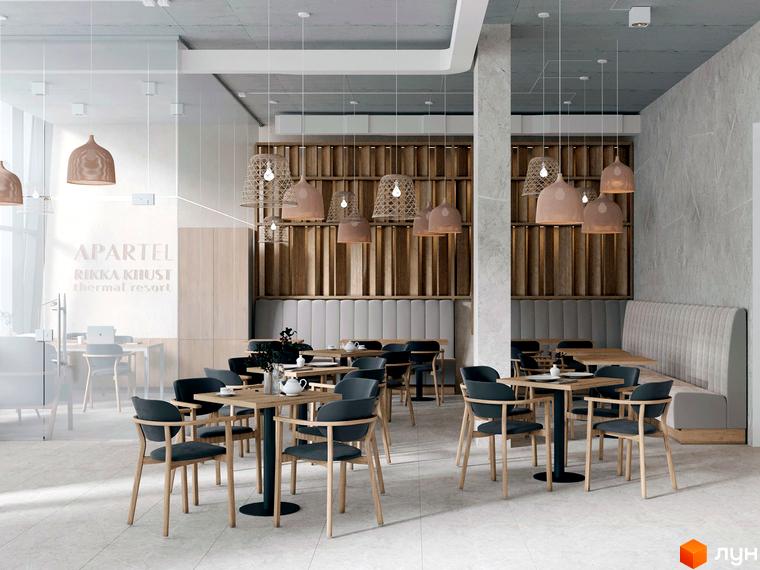 Інтер'єр апарт-готелю Rikka KHUST thermal resort з обідніми зонами та зонами відпочинку. Сучасний дизайн з дерев'яними елементами та зручними меблями.