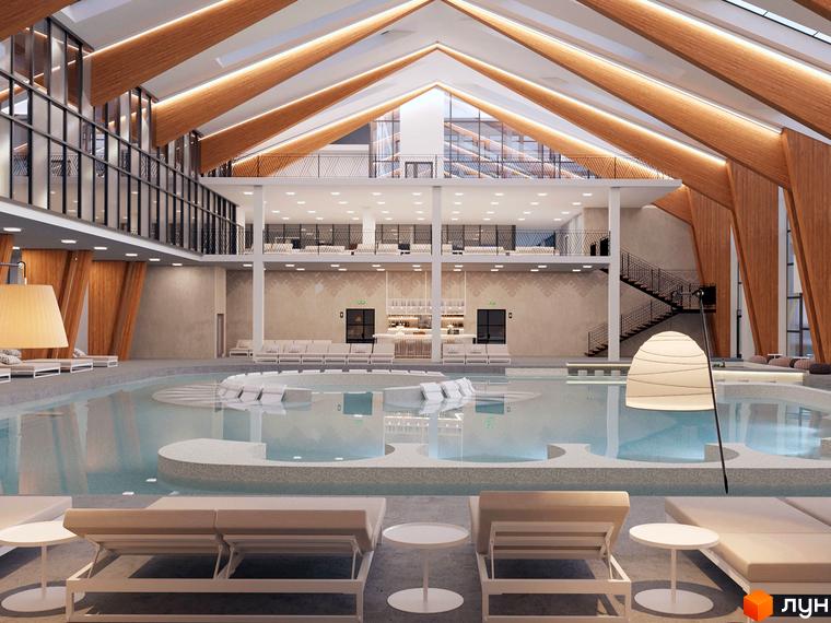 Просторий зал Апарт-готель Rikka KHUST thermal resort з великим басейном, високою стелею з дерев'яними балками та зонами для відпочинку.