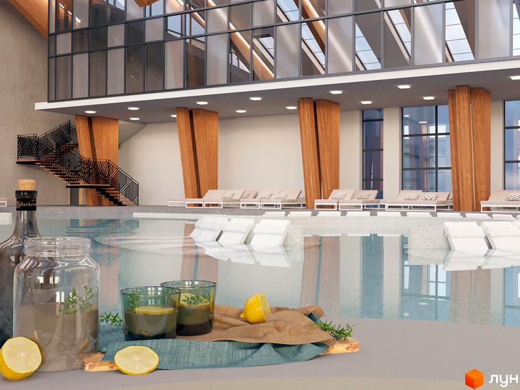 Просторий басейн в Апарт-готелі Rikka KHUST thermal resort з високими вікнами, дерев'яними колонами та зручними шезлонгами для відпочинку.