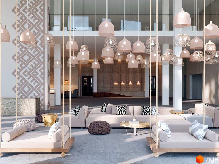 Просторий хол Апарт-готелю Rikka KHUST thermal resort з високими стелями, підвісними світильниками та м'якими зонами відпочинку.