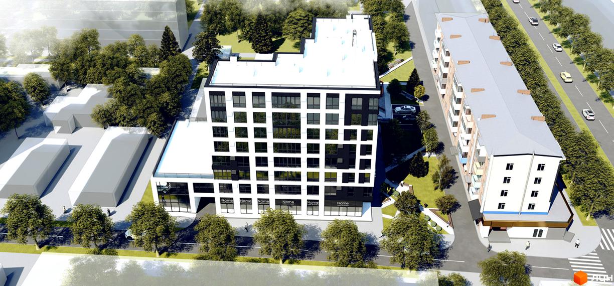 Візуалізація житлового комплексу Шевченка з білою фасадною частиною та великими вікнами. Навколо будівлі розташовані дерева та зелені зони відпочинку.