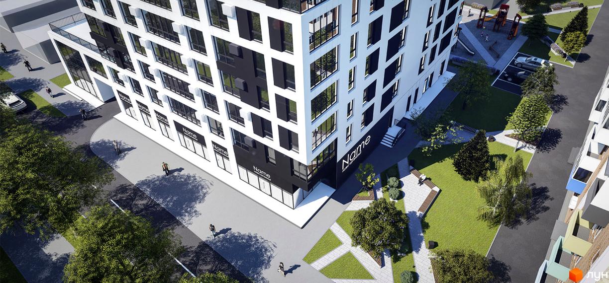 Житловий комплекс Шевченка: сучасна архітектура з панорамними вікнами та зелена прибудинкова територія з дитячим майданчиком.