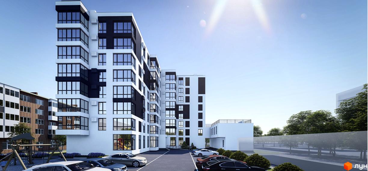 Зовнішній вигляд житлового комплексу Шевченка з паркуванням та дитячим майданчиком. Сучасна архітектура новобудови з великими вікнами та контрастним оздобленням.