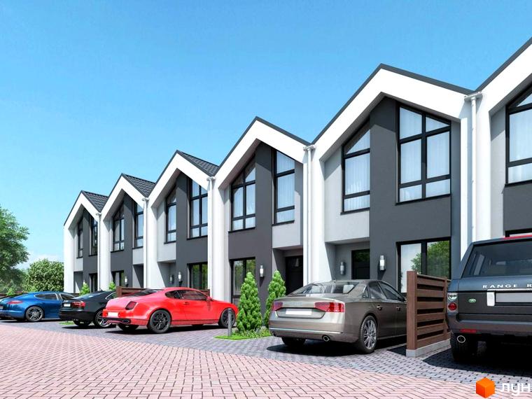 Таунхауси Scandi House з сірими та білими фасадами та великими вікнами, розташовані на бруківці з припаркованими автомобілями.