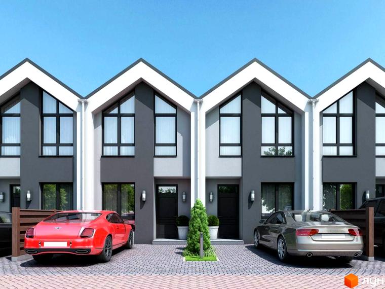 Таунхауси Scandi House з двома поверхами, великими вікнами та двома автомобілями на приватній території.