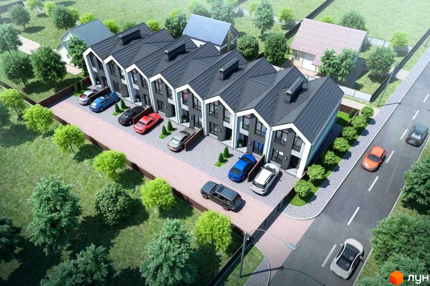 Таунхауси Scandi House з сірими дахами та білими фасадами, розташовані на бруківці з прибудинковою територією та деревами.