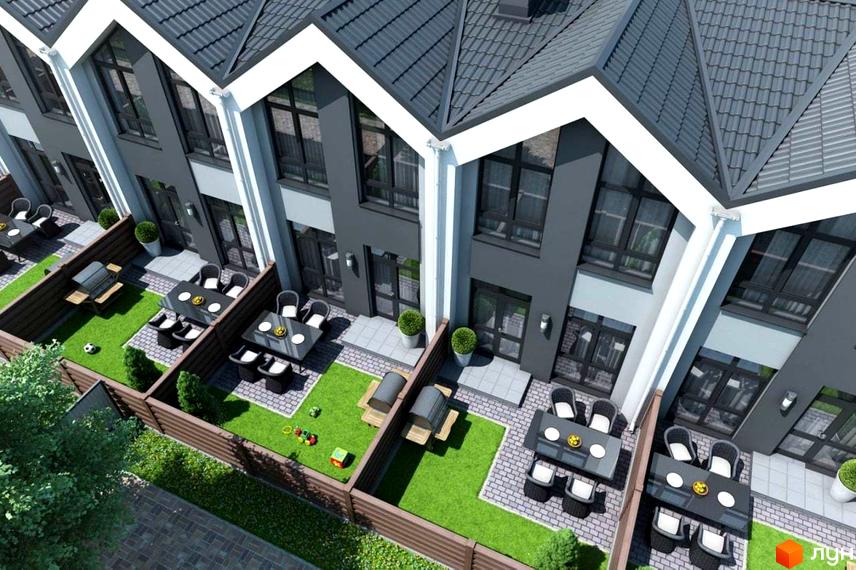 Таунхауси Scandi House з сірими фасадами та темними дахами. На прибудинковій території розташовані столики зі стільцями та зелені газони.