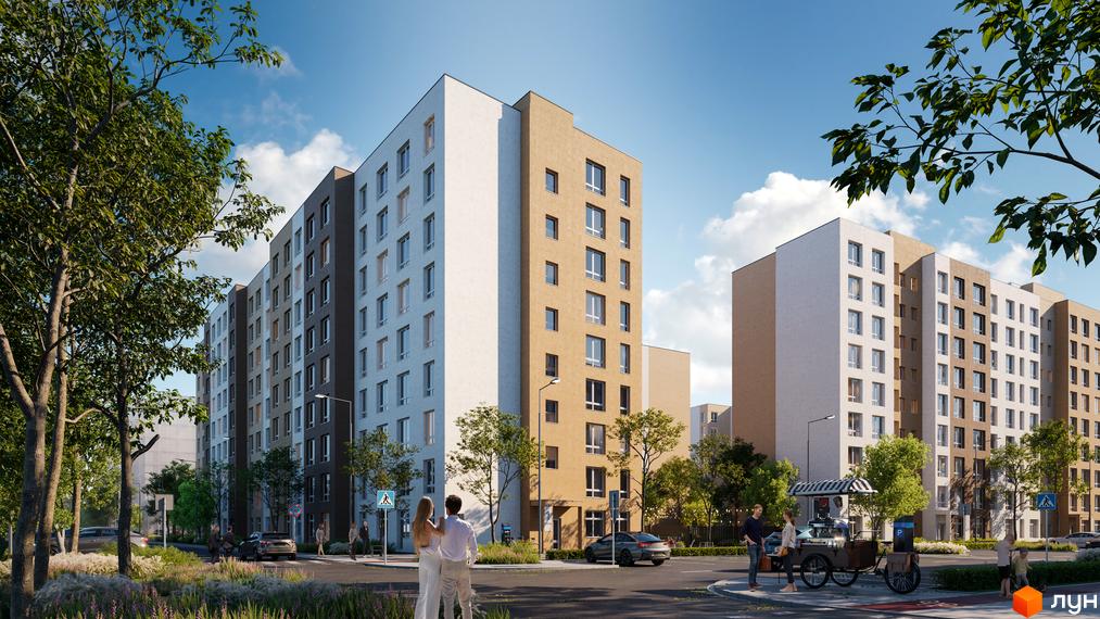 Житловий комплекс Нова Буча: багатоповерхові будинки з різнокольоровими фасадами та вікнами. На прибудинковій території дерева, люди та вулична кав'ярня.