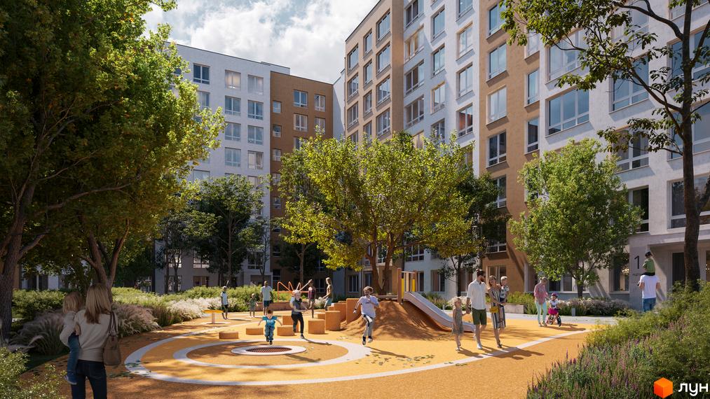 Житловий комплекс Нова Буча: багатоповерхові будинки з сучасними фасадами та затишний двір з дитячим майданчиком та зеленими насадженнями.