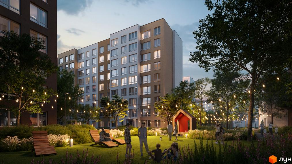 Житловий комплекс Нова Буча. Сучасні багатоповерхові будинки з великою кількістю вікон та затишна прибудинкова територія з місцями для відпочинку та освітленням.