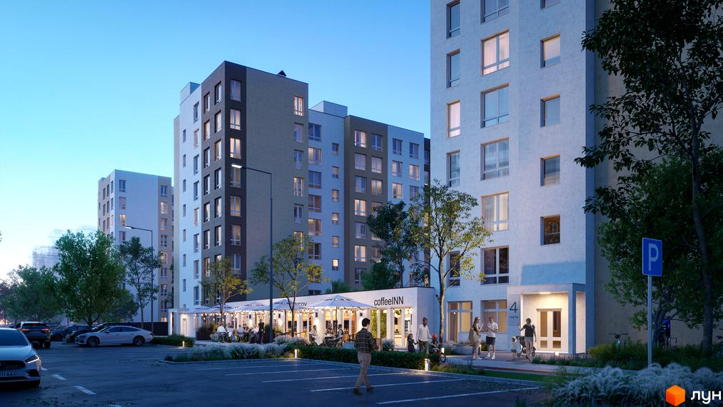 Житловий район Нова Буча: сучасні багатоквартирні будинки з фасадами різних кольорів та прибудинкова територія з кафе та парковкою.