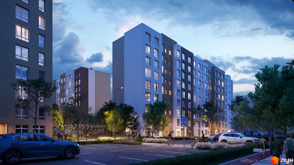 Житловий комплекс Нова Буча. Багатоповерхові будинки з сучасними фасадами та прибудинковою територією з деревами та освітленням.