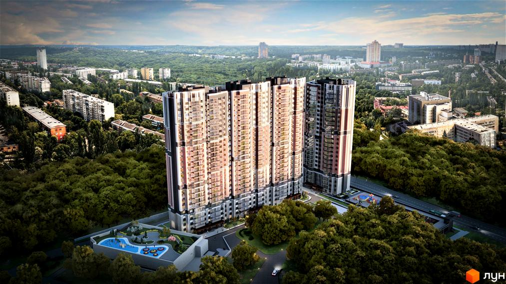 Зовнішній вигляд житлового комплексу Голосіївський з багатоповерховими будинками та прибудинковою територією з басейном та дитячим майданчиком.