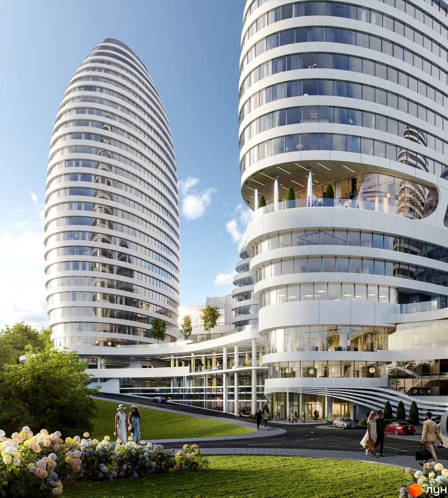 БФК INTERGAL CITY: Високі будівлі з вигнутими білими фасадами та великими вікнами, оточені зеленими газонами та квітами.