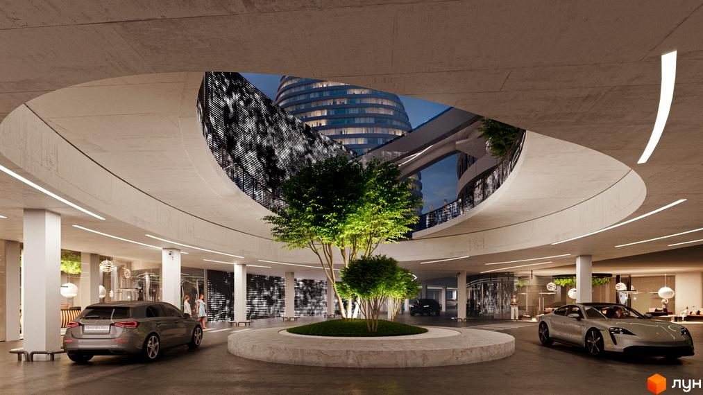 БФК INTERGAL CITY: вхідна група з круглим отвором, що відкриває вид на висотний будинок. Просторий паркінг з зеленим островом та деревами.