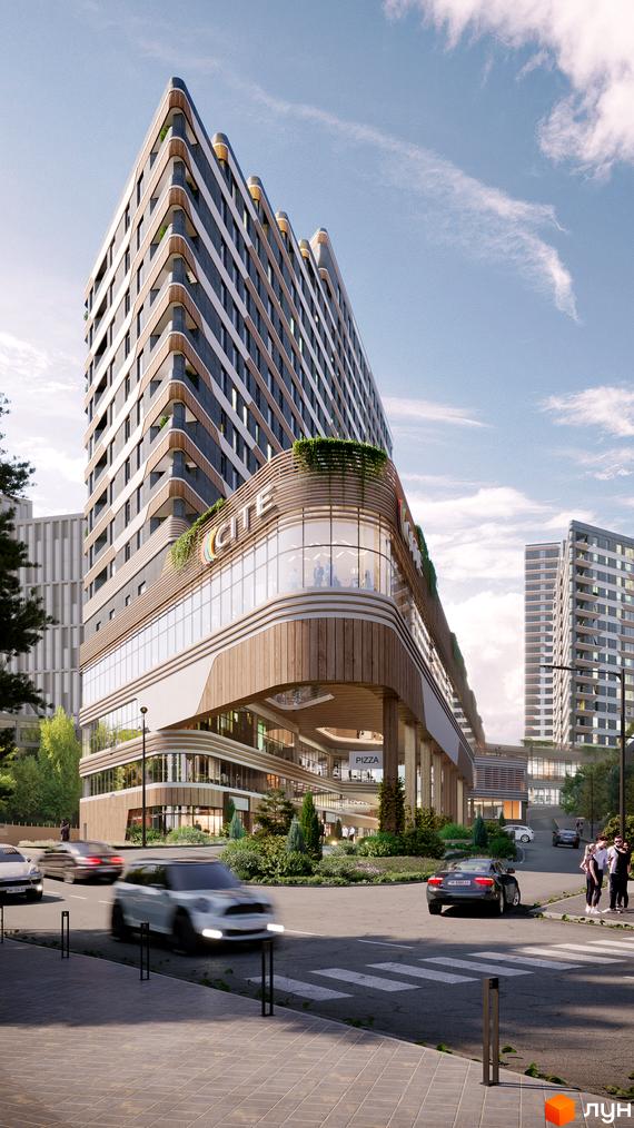 Багатоповерховий житловий комплекс CITÉ з вигнутим фасадом та дерев'яними елементами. Навколо комплексу розташована зелена прибудинкова територія та дорога з автомобілями.