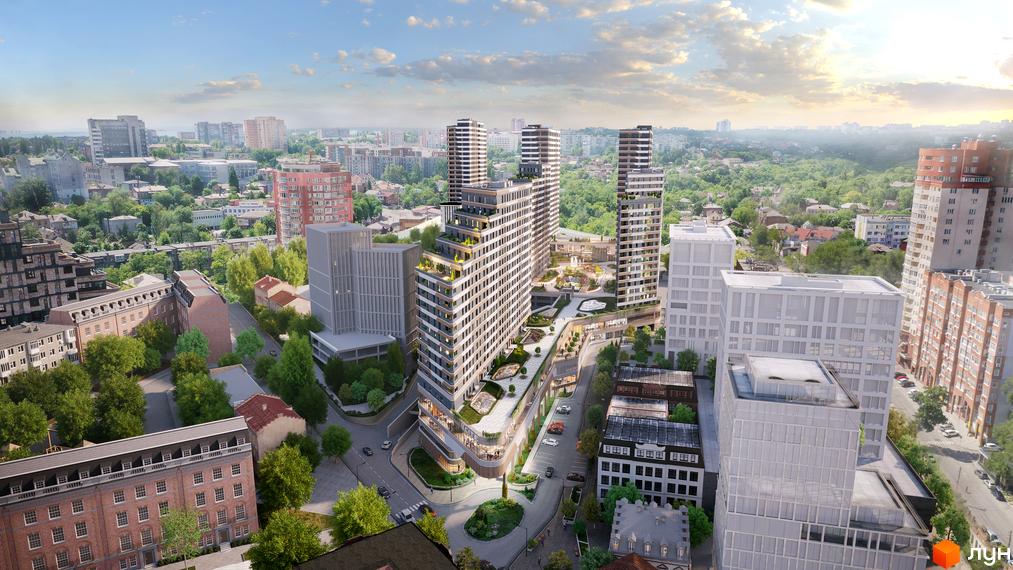 МФК CITÉ - це новий житловий комплекс з багатоповерховими будинками та зеленою прибудинковою територією. Візуалізація демонструє сучасний архітектурний дизайн та благоустрій.
