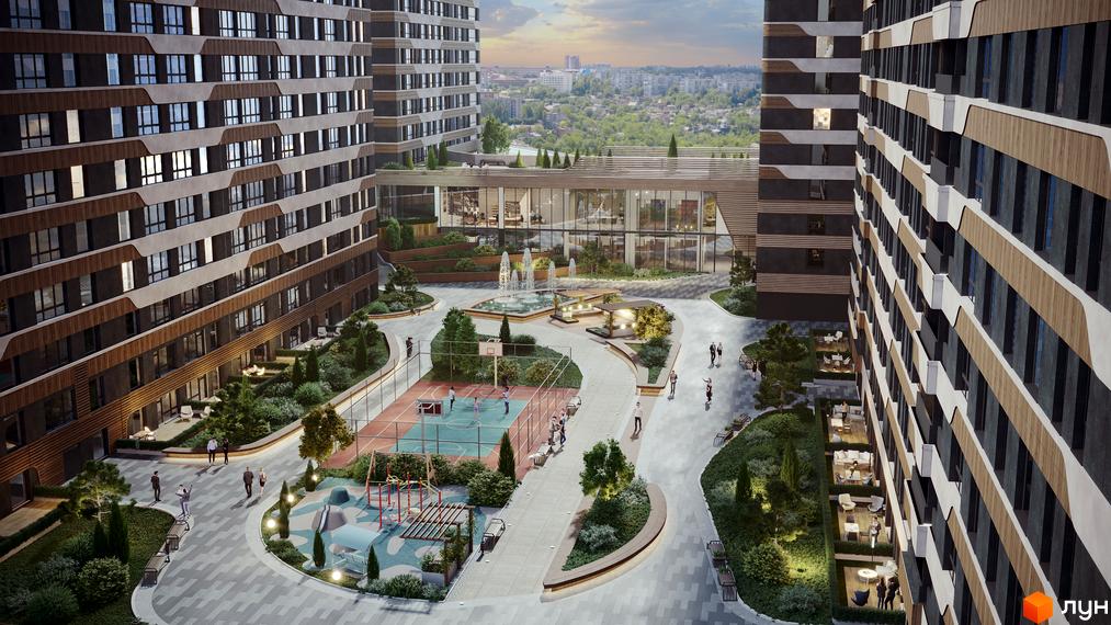 МФК CITÉ: багатоповерхові будинки з темними фасадами та дерев'яними вставками. Великий двір з фонтаном, спортмайданчиком та зеленими зонами.