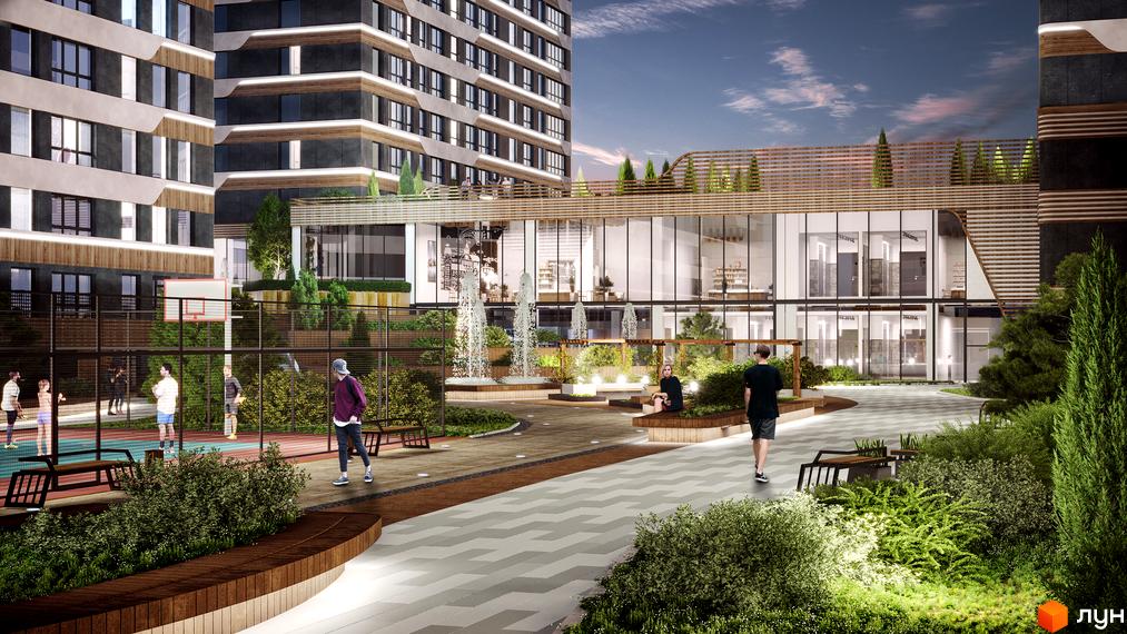 МФК CITÉ: сучасний житловий комплекс з баскетбольним майданчиком, зонами відпочинку та фонтанами.